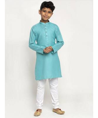 Sea Green and White Cotton Boys Kurta Pyjama 2