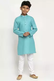 Sea Green and White Cotton Boys Kurta Pyjama