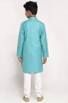 Sea Green and White Cotton Boys Kurta Pyjama