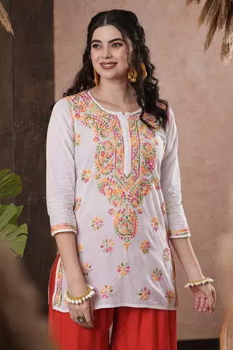 Hand Embroidered White Cotton Lucknowi Chikankari Indian Women Short Kurti