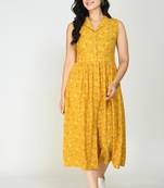 Altiven Women's Mustrd Rayon Printed Sleeveless Collar Neck Casual Dress