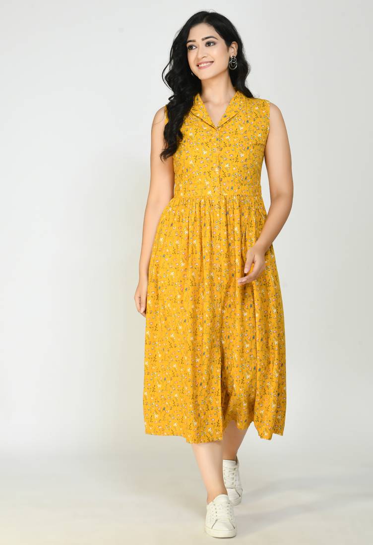 Altiven Women's Mustrd Rayon Printed Sleeveless Collar Neck Casual