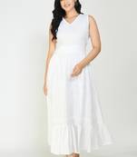 Altiven Women's White Solid Sleeveless Cotton V Neck Casual Dress