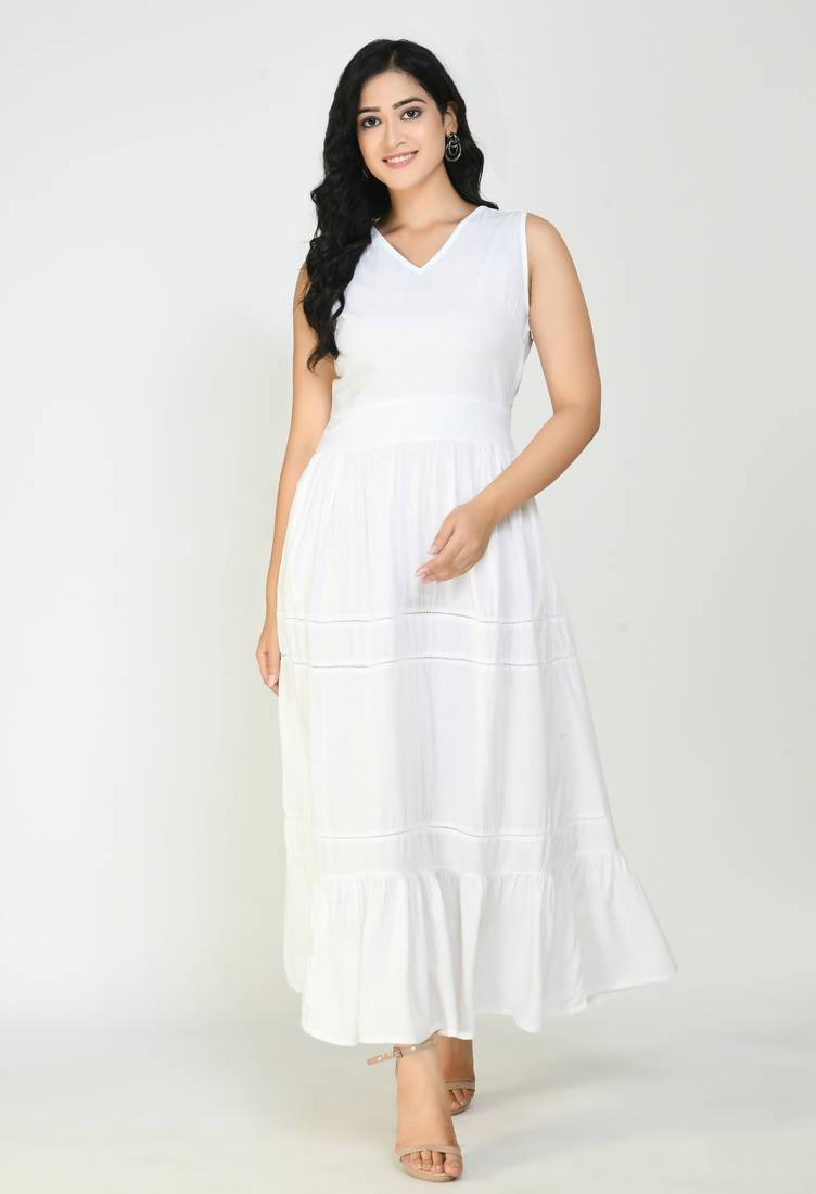 Altiven Women's White Solid Sleeveless Cotton V Neck Casual Dress