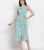 Altiven Women's Blue Rayon Printed Sleeveless Collar Neck Casual Dress