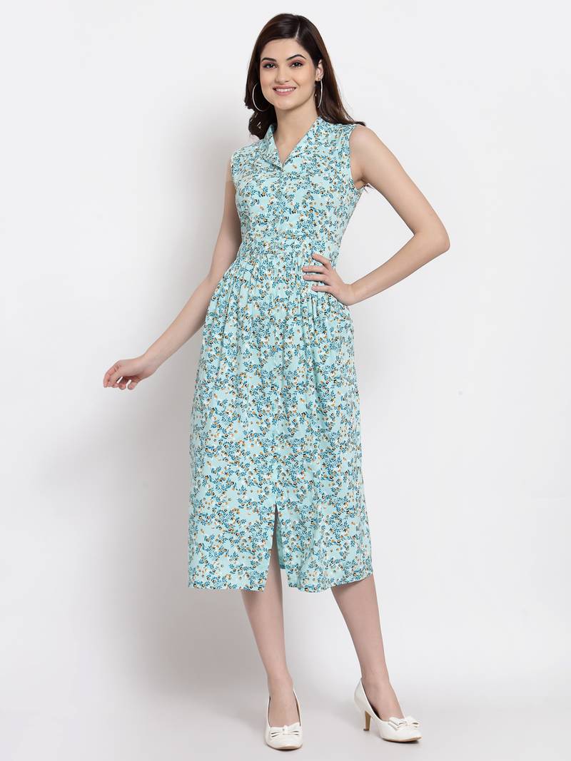 Altiven Women's Blue Rayon Printed Sleeveless Collar Neck Casual Dress
