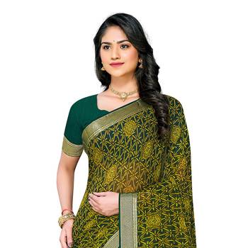 Green printed georgette saree with blouse 2
