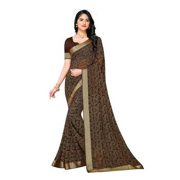 Brown printed georgette saree with blouse 1
