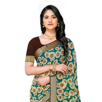 Teal printed georgette saree with blouse 2
