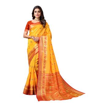 Yellow woven banarasi saree with blouse 1
