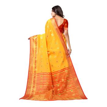 Yellow woven banarasi saree with blouse 2