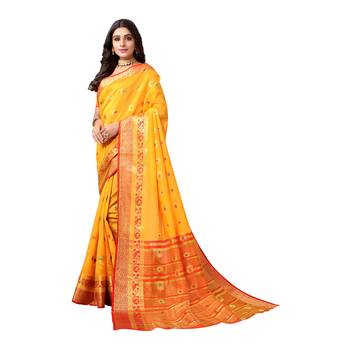 Yellow woven banarasi saree with blouse 3