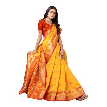 Yellow woven banarasi saree with blouse 4