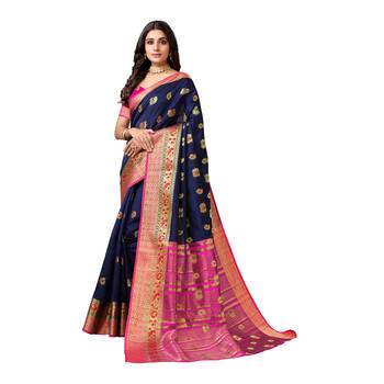 Navy blue woven banarasi saree with blouse 3
