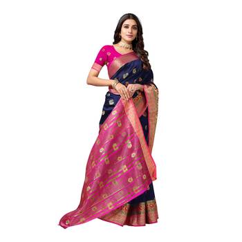 Navy blue woven banarasi saree with blouse 4