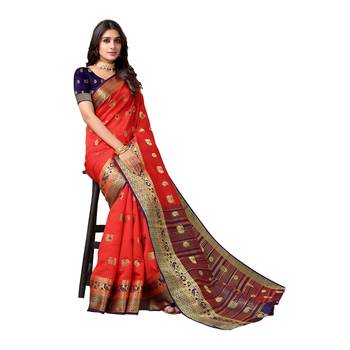 Red woven banarasi saree with blouse 4