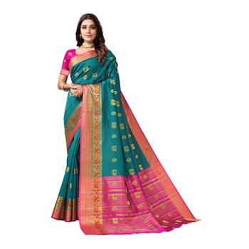 Turquoise woven banarasi saree with blouse 1