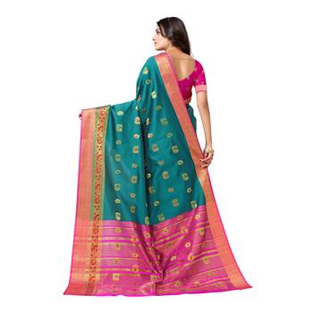 Turquoise woven banarasi saree with blouse 2