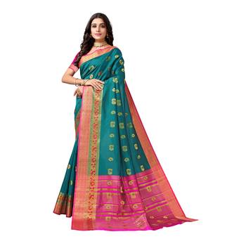 Turquoise woven banarasi saree with blouse 3