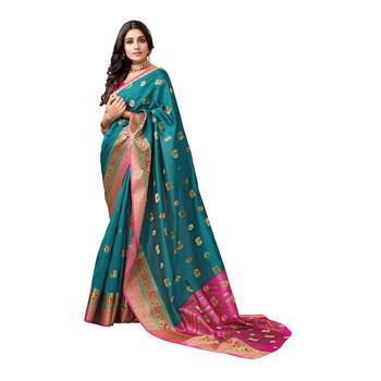 Turquoise woven banarasi saree with blouse 4