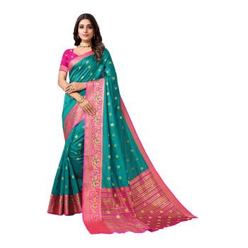 Turquoise woven cotton silk saree with blouse 1