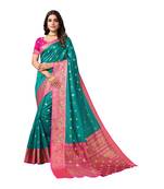 Turquoise woven cotton silk saree with blouse
