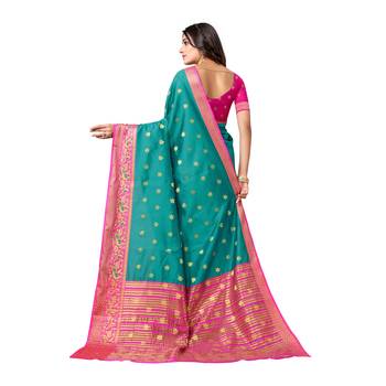 Turquoise woven cotton silk saree with blouse 2