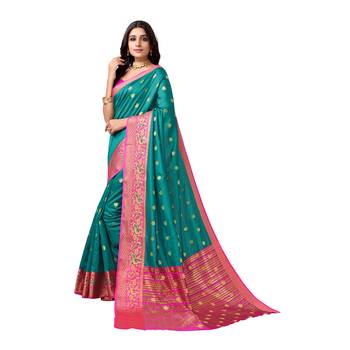 Turquoise woven cotton silk saree with blouse 3