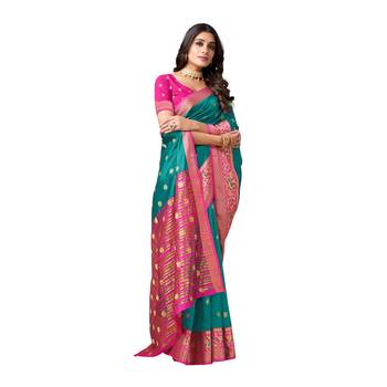 Turquoise woven cotton silk saree with blouse 4
