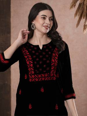 Hand Embroidered Black & Red Cotton Lucknowi Chikan Women Top 6