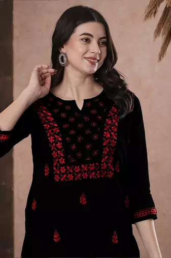 Hand Embroidered Black & Red Cotton Lucknowi Chikan Women Top