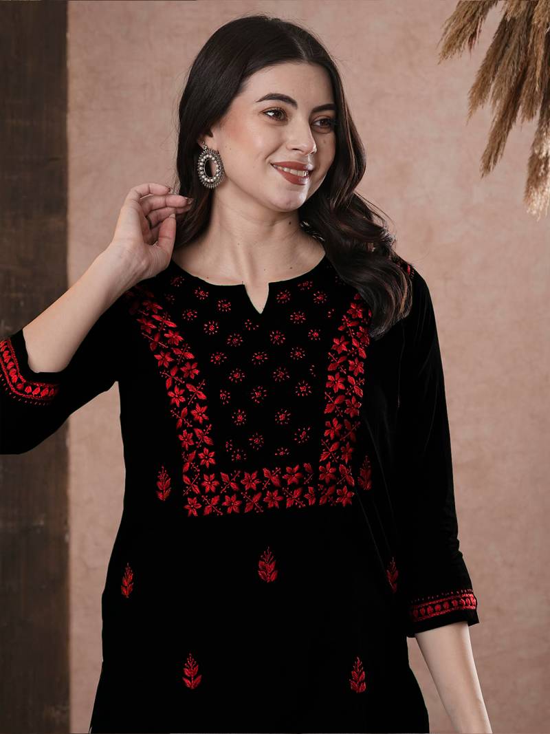Hand Embroidered Black & Red Cotton Lucknowi Chikan Women Top