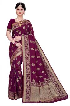 Maroon Woven Silk Blend Saree With Blouse