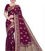 Maroon Woven Silk Blend Saree With Blouse