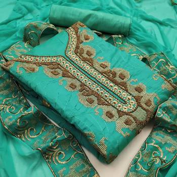 Jheenu Women's Turquoise Chanderi Embroidered with Embelished Unstitched Dress Material  6