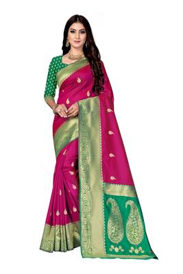Pink woven silk saree with blouse 1