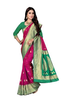 Pink woven silk saree with blouse 4
