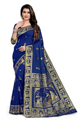 Dark blue woven silk blend saree with blouse 1