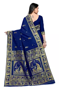 Dark blue woven silk blend saree with blouse