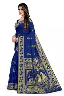 Dark blue woven silk blend saree with blouse