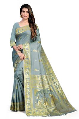 Grey Woven silk blend Saree With Blouse 1