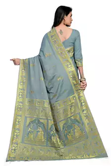 Grey Woven silk blend Saree With Blouse