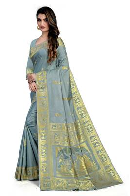 Grey Woven silk blend Saree With Blouse 3