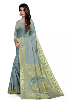 Grey Woven silk blend Saree With Blouse