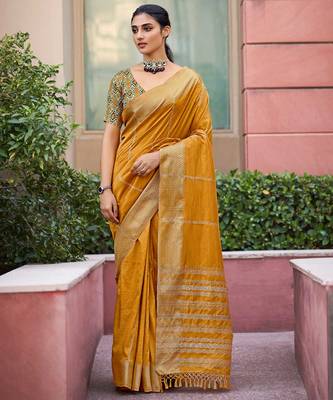 Yellow plain cotton silk saree with blouse 1