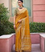 Yellow plain cotton silk saree with blouse