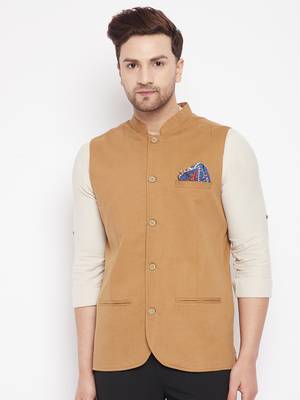Brown woven_x000D_
 poly ryon nehru jacket 1