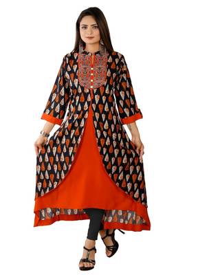 Orange And Black Colour Rayon Printed Designer flared Kurti 1
