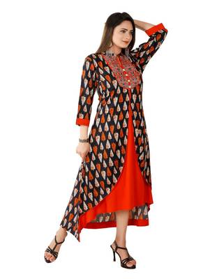 Orange And Black Colour Rayon Printed Designer flared Kurti 3