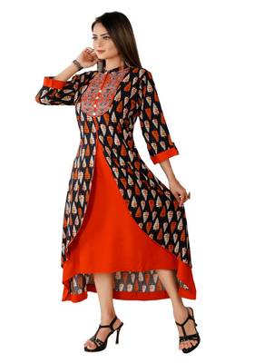 Orange And Black Colour Rayon Printed Designer flared Kurti 4